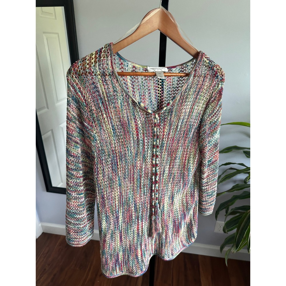 Crochet Knit Top Swim Cover up Dress Multi Color Open Weave Tassel S/M - Picture 4 of 7